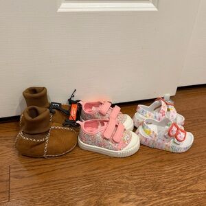 Brown Booties, Pink Sneakers, and White Sandals Set
